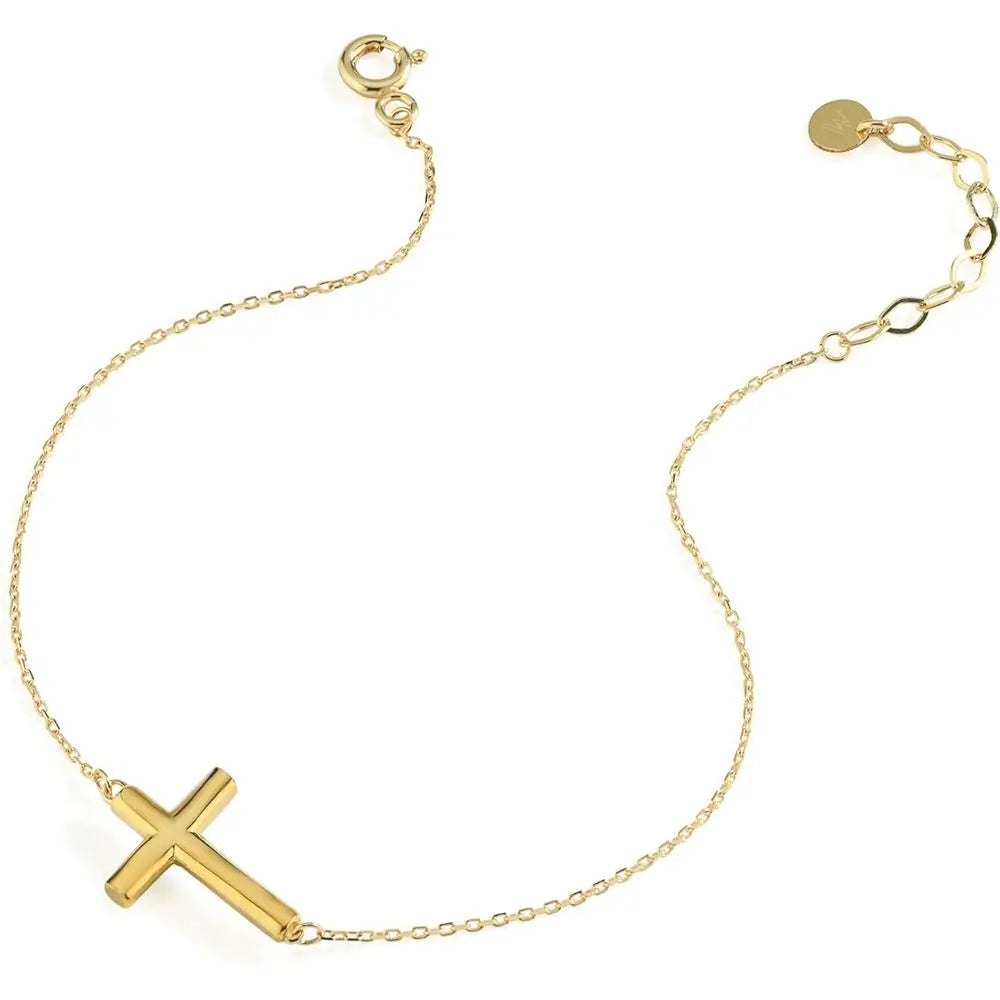 14K Gold-Plated Women's Sideways Cross Bracelet - CZ-Studded Dainty Christian Jewelry, Perfect Religious Gift for Baptism and Sp