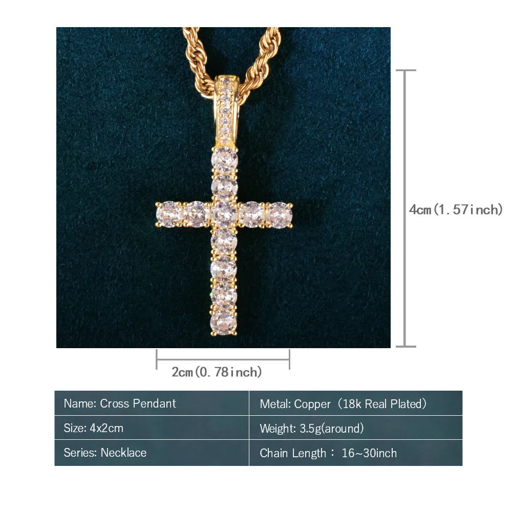 One Row Cross Pendant For Men Women With 4mm Zirconia Necklace Chain Copper Hip Hop Rock Jewelry