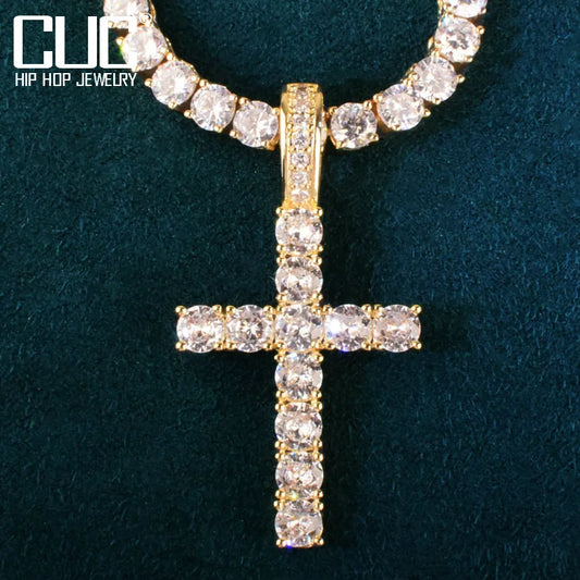 One Row Cross Pendant For Men Women With 4mm Zirconia Necklace Chain Copper Hip Hop Rock Jewelry