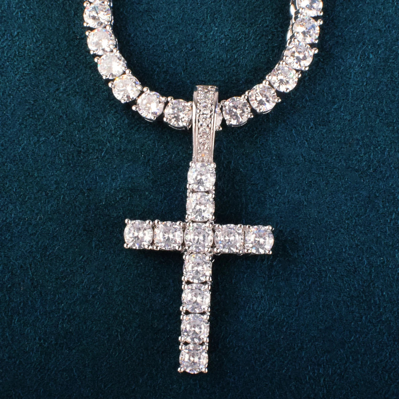 One Row Cross Pendant For Men Women With 4mm Zirconia Necklace Chain Copper Hip Hop Rock Jewelry