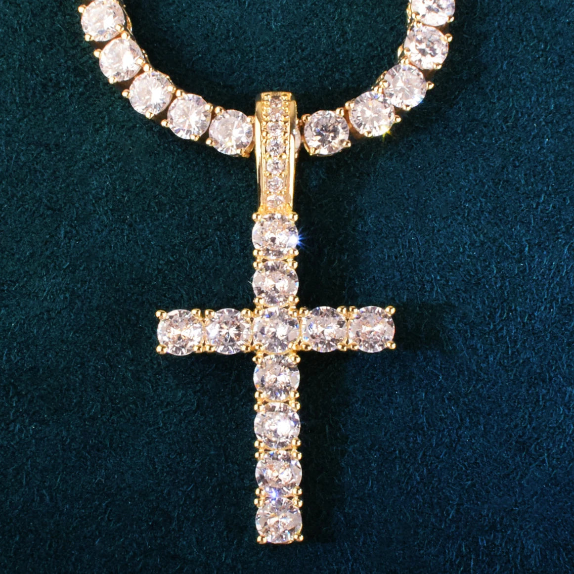 One Row Cross Pendant For Men Women With 4mm Zirconia Necklace Chain Copper Hip Hop Rock Jewelry