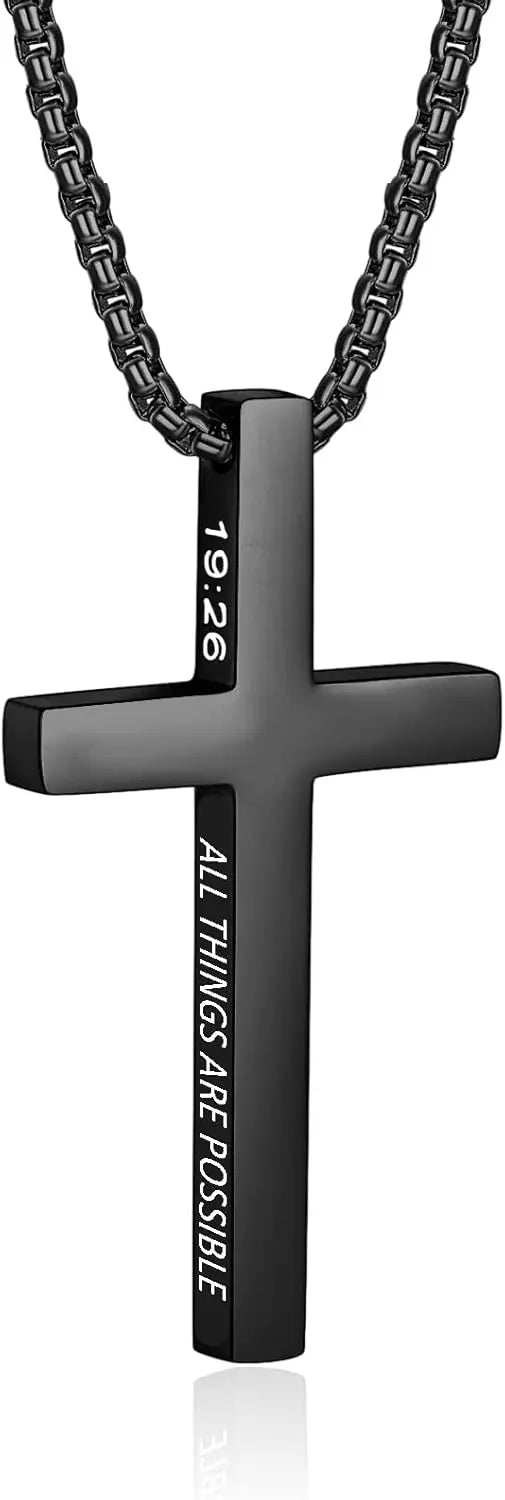 Men's Inspirational Bible Verse Cross Pendant Necklace, Stainless Steel Chain, Christian Jewelry Religious Gift for Boys