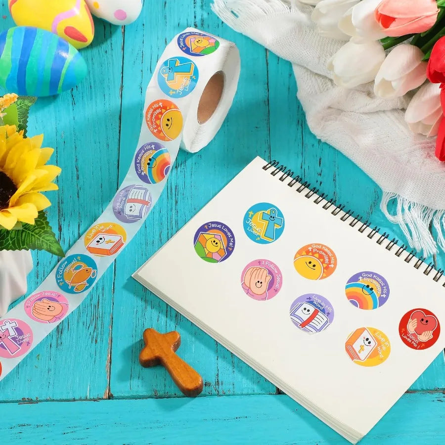 1000 Pcs Religious Stickers for Christian Symbols Labels Roll Smile Assorted Jesus Christian Cross Bible Heart Stickers for Rel