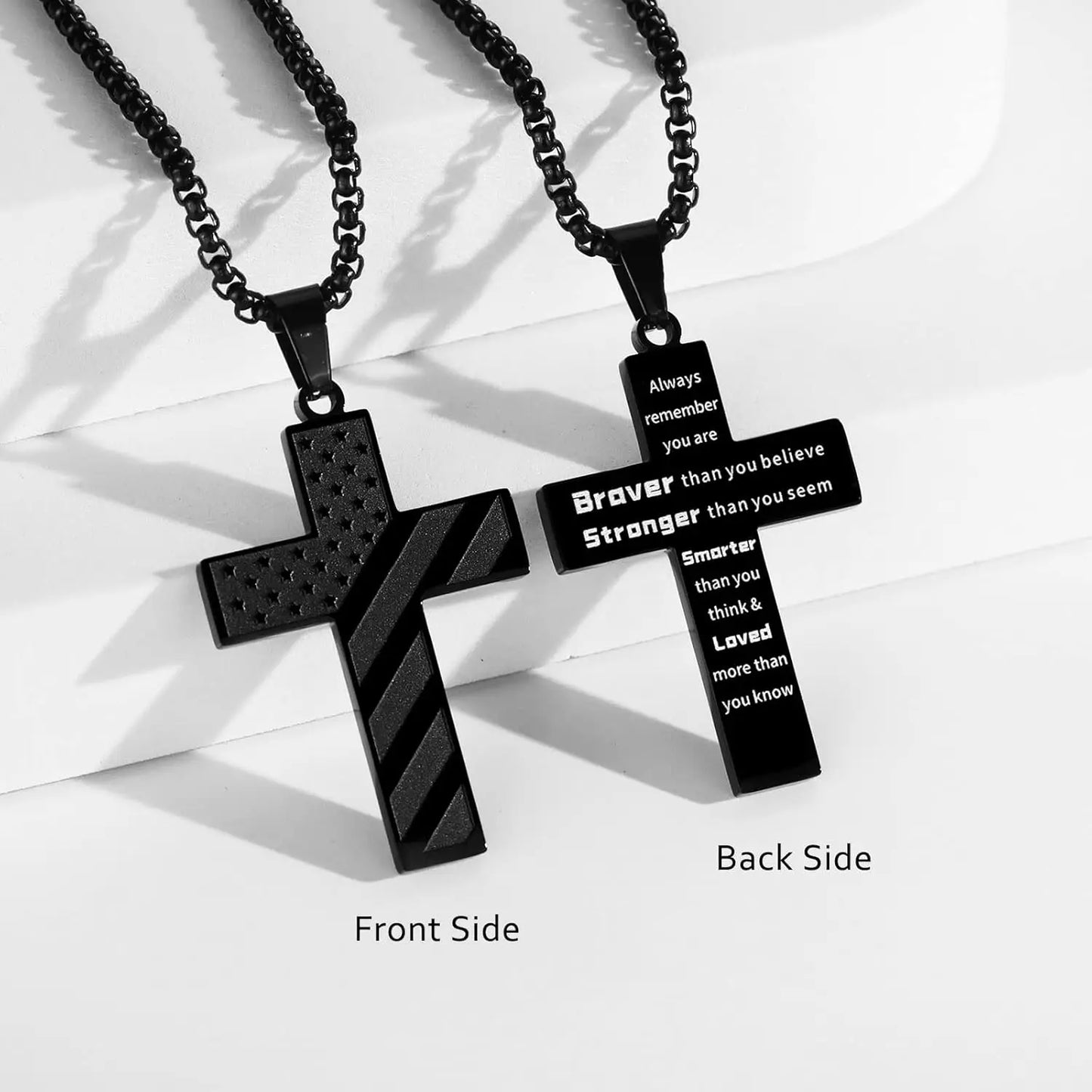 American Flag Cross Necklace for Men Stainless Steel Chain Inspirational Bible Verse Pendant Patriotic Christian Gift