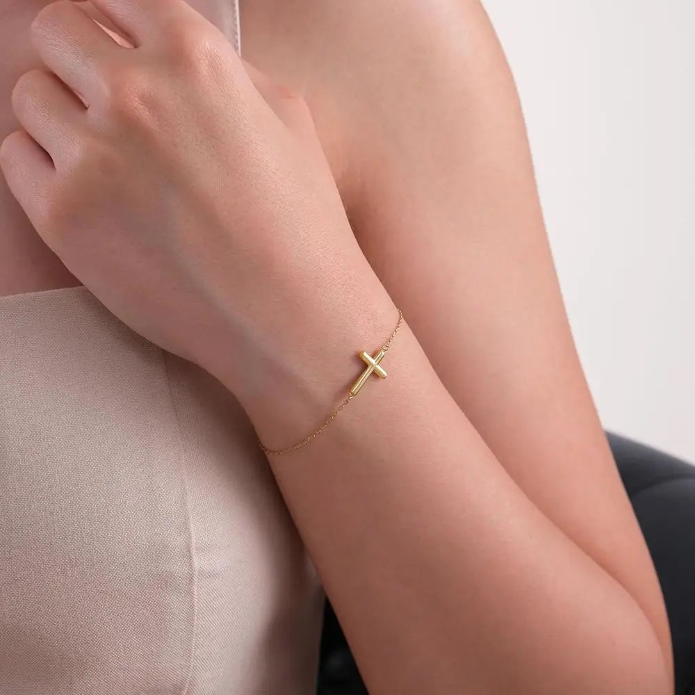 14K Gold-Plated Women's Sideways Cross Bracelet - CZ-Studded Dainty Christian Jewelry, Perfect Religious Gift for Baptism and Sp