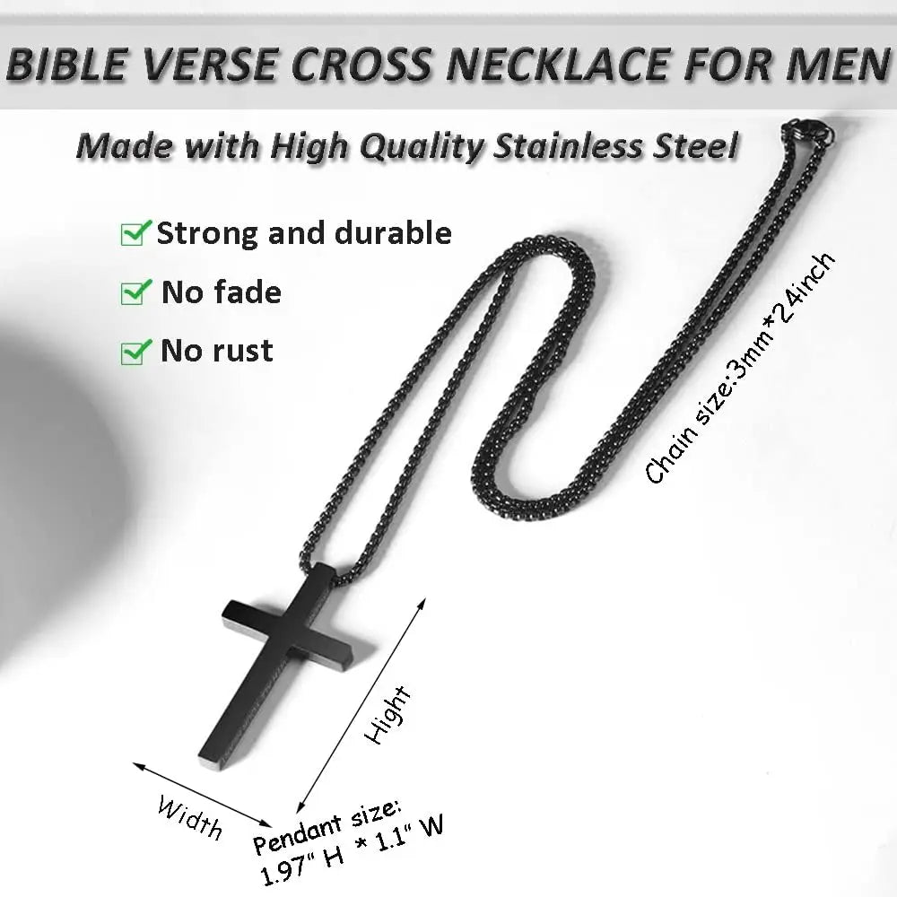 Men's Inspirational Bible Verse Cross Pendant Necklace, Stainless Steel Chain, Christian Jewelry Religious Gift for Boys