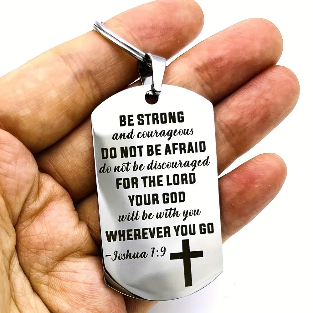 1pc Cross Christian Gifts Inspirational Bible Verse Keychain, Be Strong And Courageous Pendant,  Religious Jewelry For Birthday