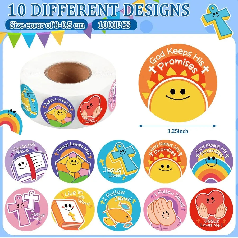 1000 Pcs Religious Stickers for Christian Symbols Labels Roll Smile Assorted Jesus Christian Cross Bible Heart Stickers for Rel