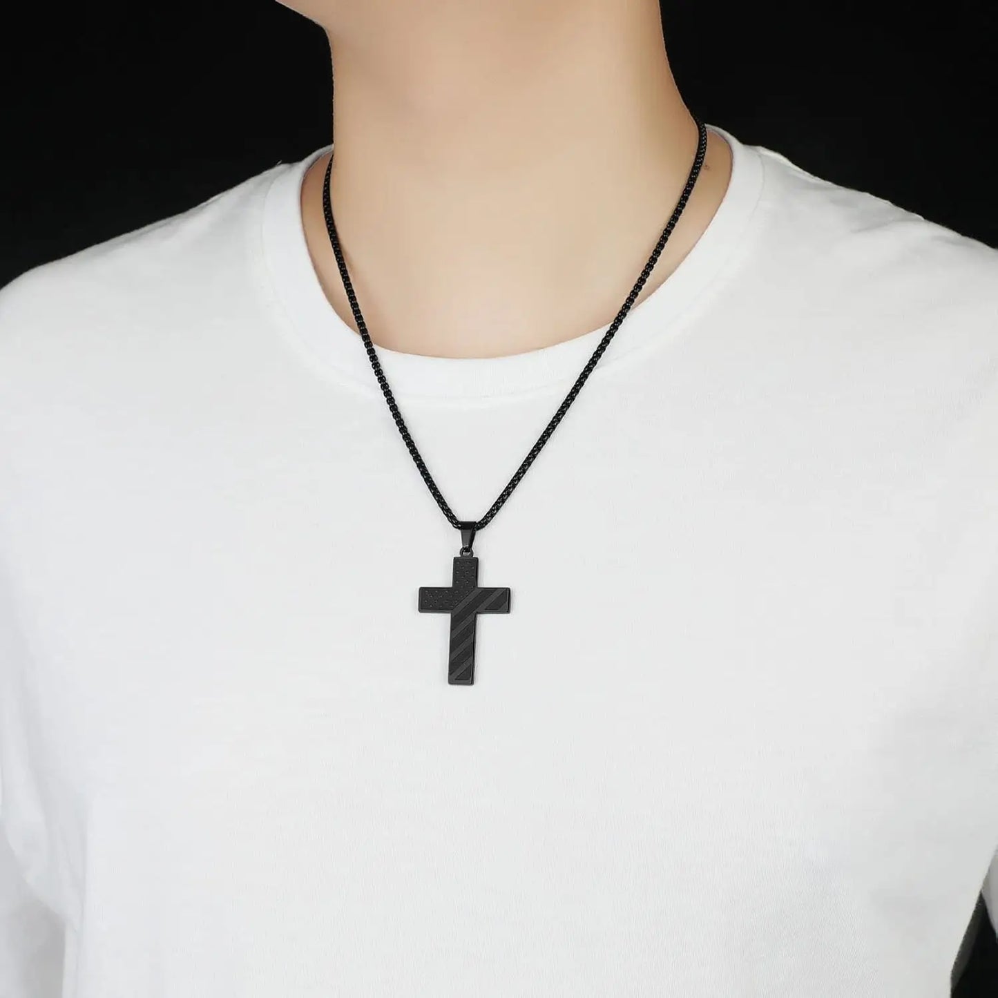 American Flag Cross Necklace for Men Stainless Steel Chain Inspirational Bible Verse Pendant Patriotic Christian Gift