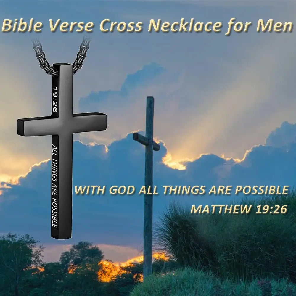 Men's Inspirational Bible Verse Cross Pendant Necklace, Stainless Steel Chain, Christian Jewelry Religious Gift for Boys