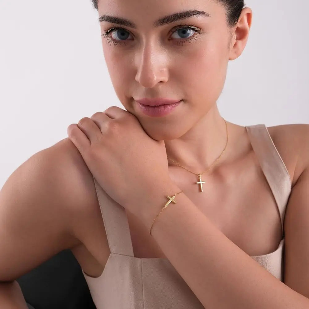 14K Gold-Plated Women's Sideways Cross Bracelet - CZ-Studded Dainty Christian Jewelry, Perfect Religious Gift for Baptism and Sp