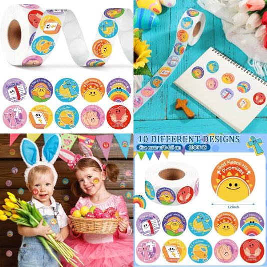 1000 Pcs Religious Stickers for Christian Symbols Labels Roll Smile Assorted Jesus Christian Cross Bible Heart Stickers for Rel