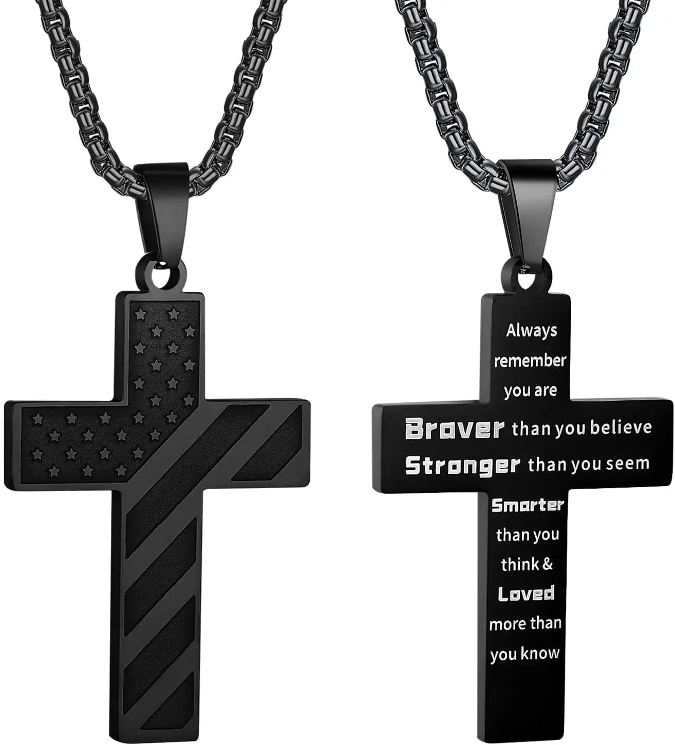 American Flag Cross Necklace for Men Stainless Steel Chain Inspirational Bible Verse Pendant Patriotic Christian Gift