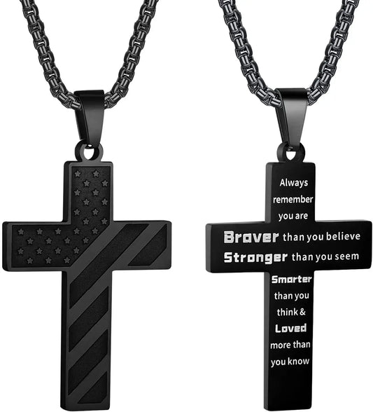 American Flag Cross Necklace for Men Stainless Steel Chain Inspirational Bible Verse Pendant Patriotic Christian Gift