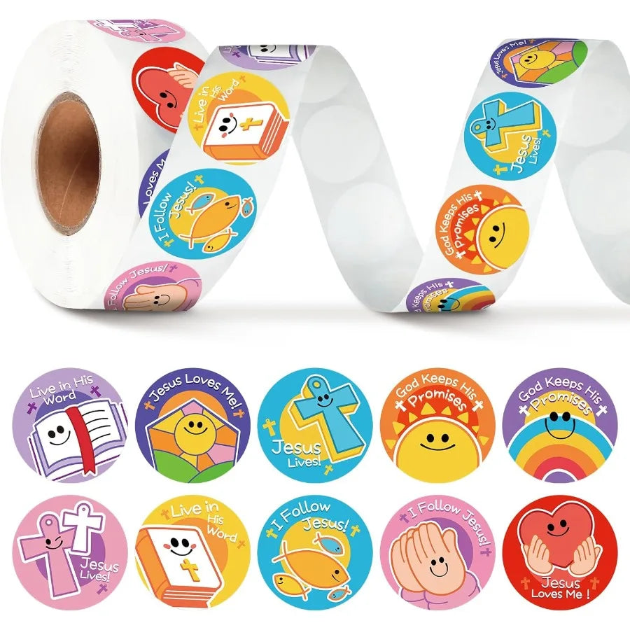 1000 Pcs Religious Stickers for Christian Symbols Labels Roll Smile Assorted Jesus Christian Cross Bible Heart Stickers for Rel