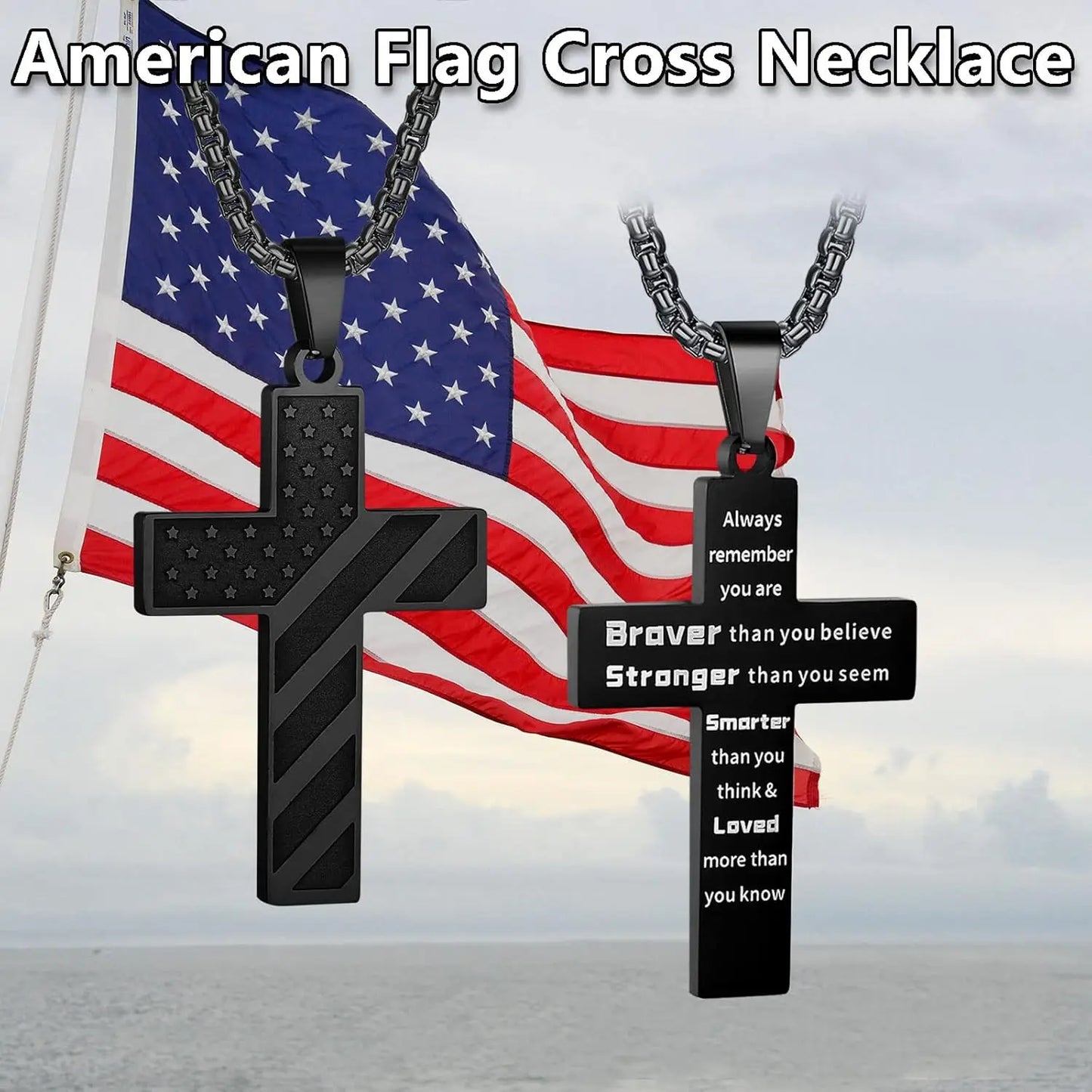 American Flag Cross Necklace for Men Stainless Steel Chain Inspirational Bible Verse Pendant Patriotic Christian Gift